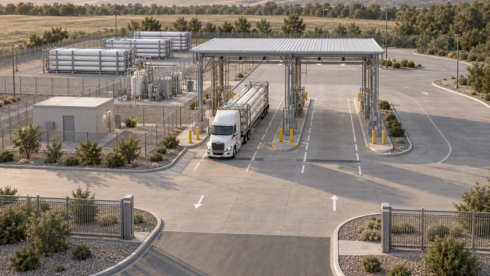 Illustration of a hydrogen loading gantry with a tube trailer, separate storage racks, and two truck lanes