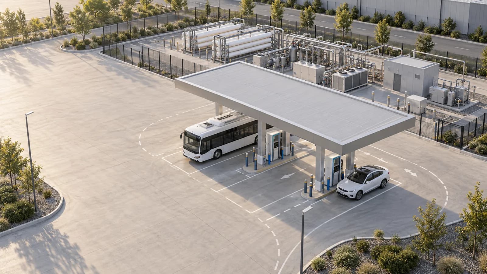 Illustration of a hydrogen refueling station with a bus, passenger vehicle, and separate storage and compression area